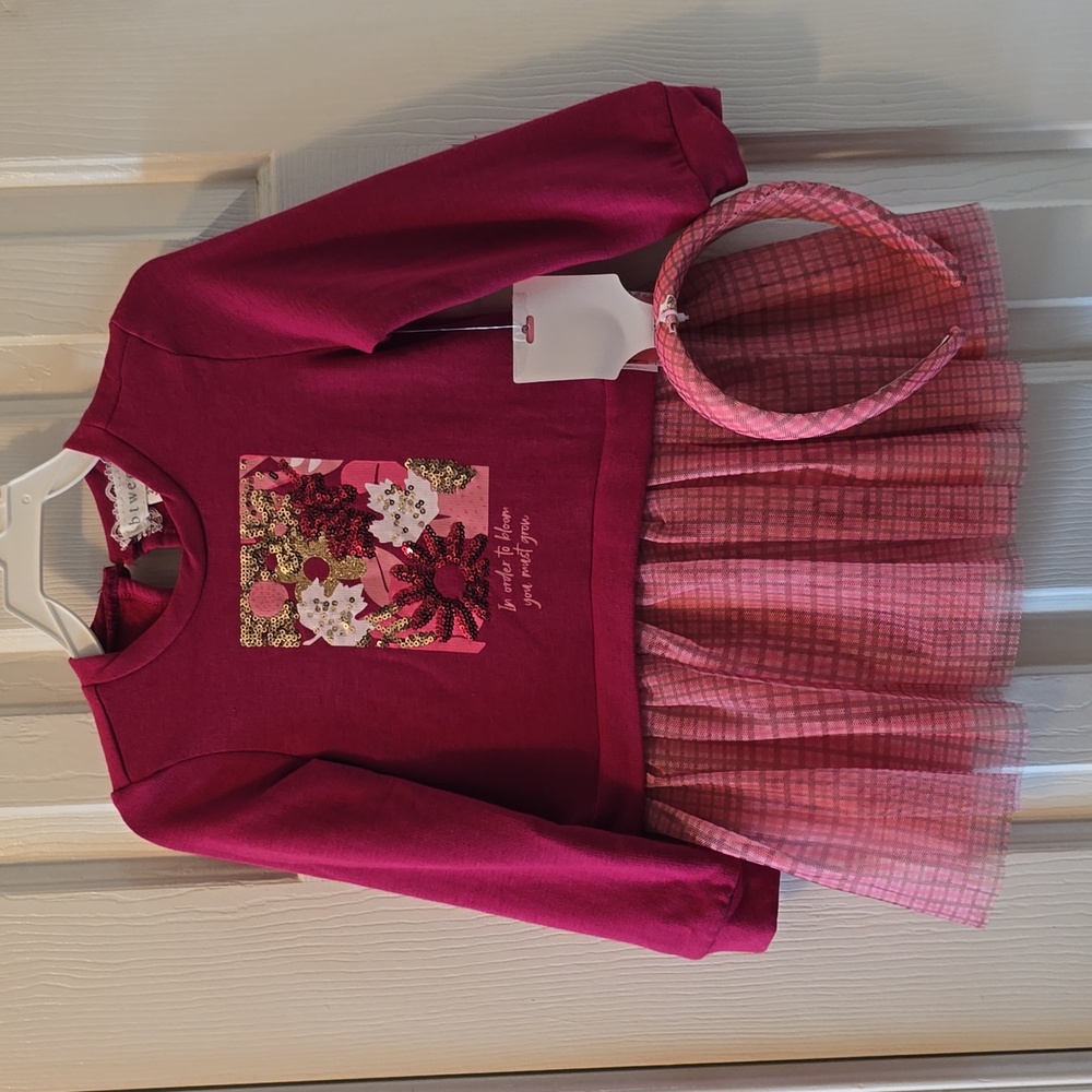 BTWEEN BRAND TODDLER GIRLS PINK LONG SLEEVES DRESS WITH MATCHING HEADBAND 2T